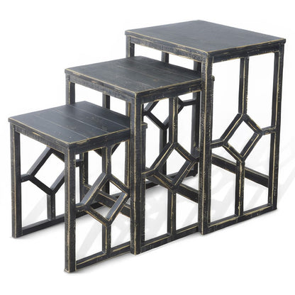 Rena 3 Piece Nesting Accent Table Set, Slatted, Rustic Black Mahogany
