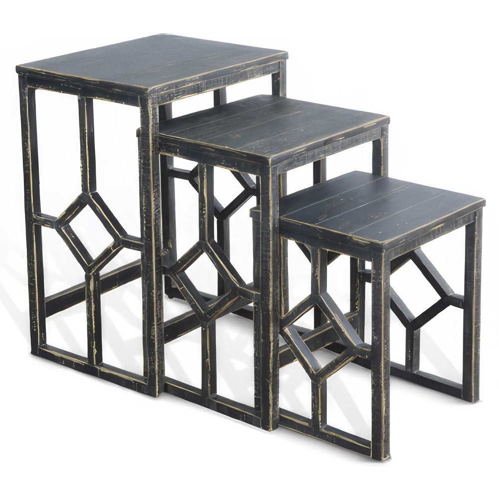 Rena 3 Piece Nesting Accent Table Set, Slatted, Rustic Black Mahogany