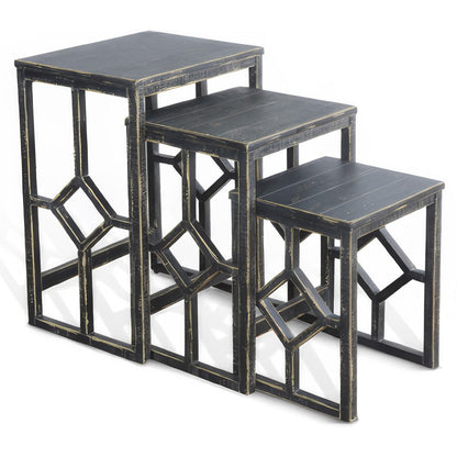 Rena 3 Piece Nesting Accent Table Set, Slatted, Rustic Black Mahogany