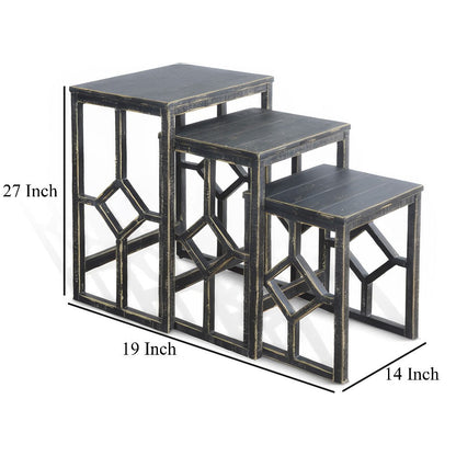 Rena 3 Piece Nesting Accent Table Set, Slatted, Rustic Black Mahogany