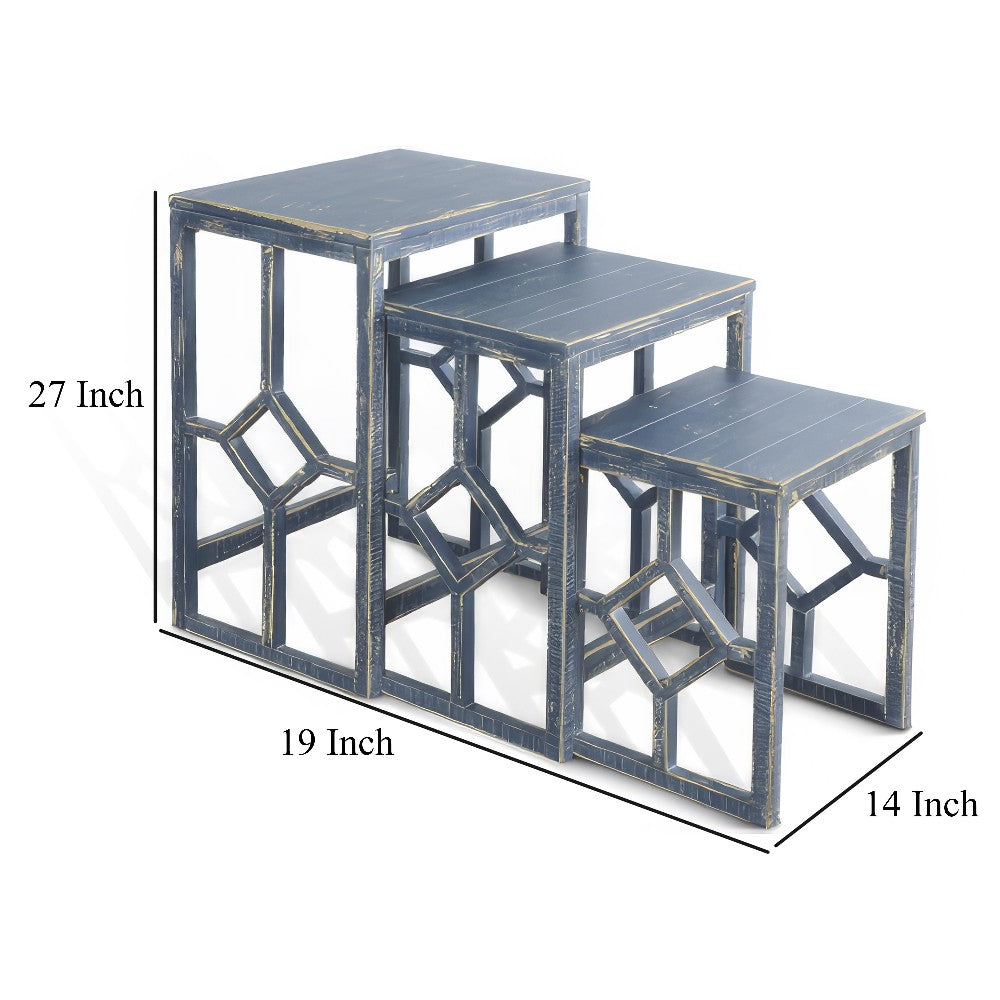 Rena 3 Piece Nesting Accent Table Set, Slatted, Rustic Blue Mahogany