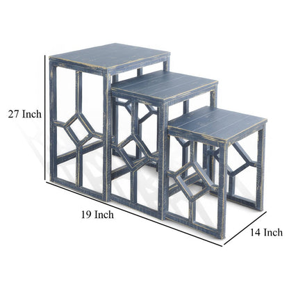 Rena 3 Piece Nesting Accent Table Set, Slatted, Rustic Blue Mahogany