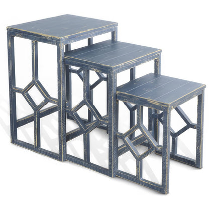 Rena 3 Piece Nesting Accent Table Set, Slatted, Rustic Blue Mahogany