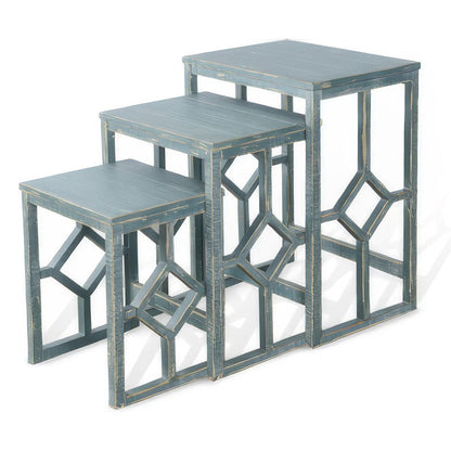 Rena 3 Piece Nesting Accent Table Set, Slatted, Rustic Green Mahogany
