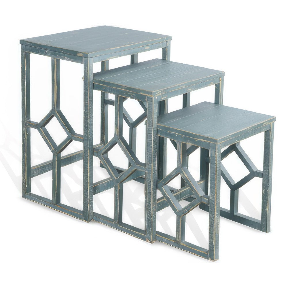 Rena 3 Piece Nesting Accent Table Set, Slatted, Rustic Green Mahogany