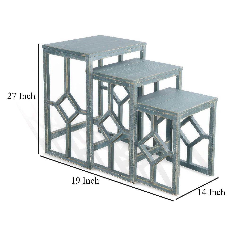 Rena 3 Piece Nesting Accent Table Set, Slatted, Rustic Green Mahogany