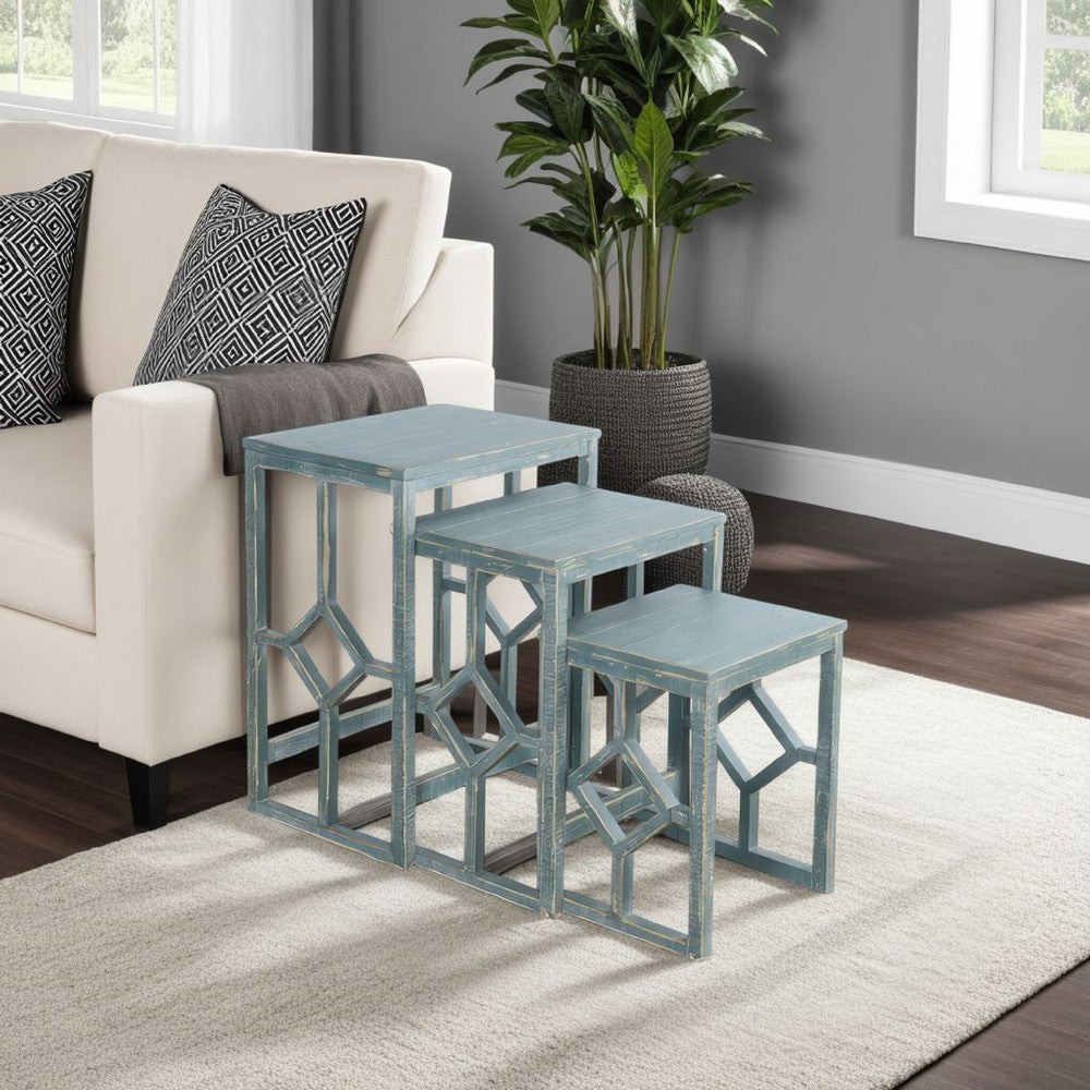 Rena 3 Piece Nesting Accent Table Set, Slatted, Rustic Green Mahogany