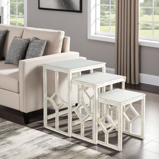 Rena 3 Piece Nesting Accent Table Set, Slatted, Rustic White Mahogany