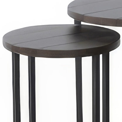 Flint 2 Piece Nesting Table Set, Dark Brown Mahogany, Black Metal Base