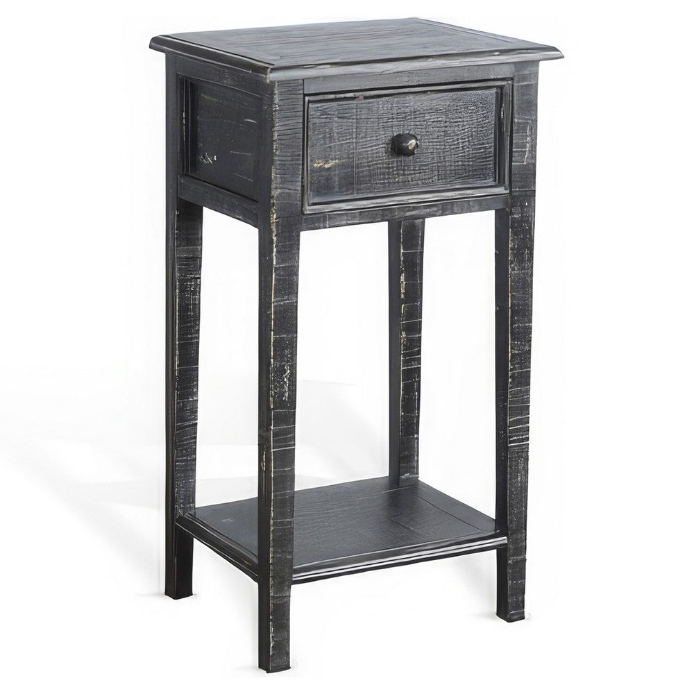 Rena Side End Table with 1 Drawer, 17 Inch Rustic Mahogany Wood – Black