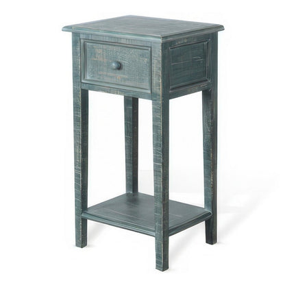 Rena Side End Table with 1 Drawer, 17 Inch Rustic Green Mahogany Wood