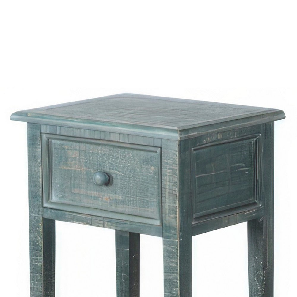 Rena Side End Table with 1 Drawer, 17 Inch Rustic Green Mahogany Wood