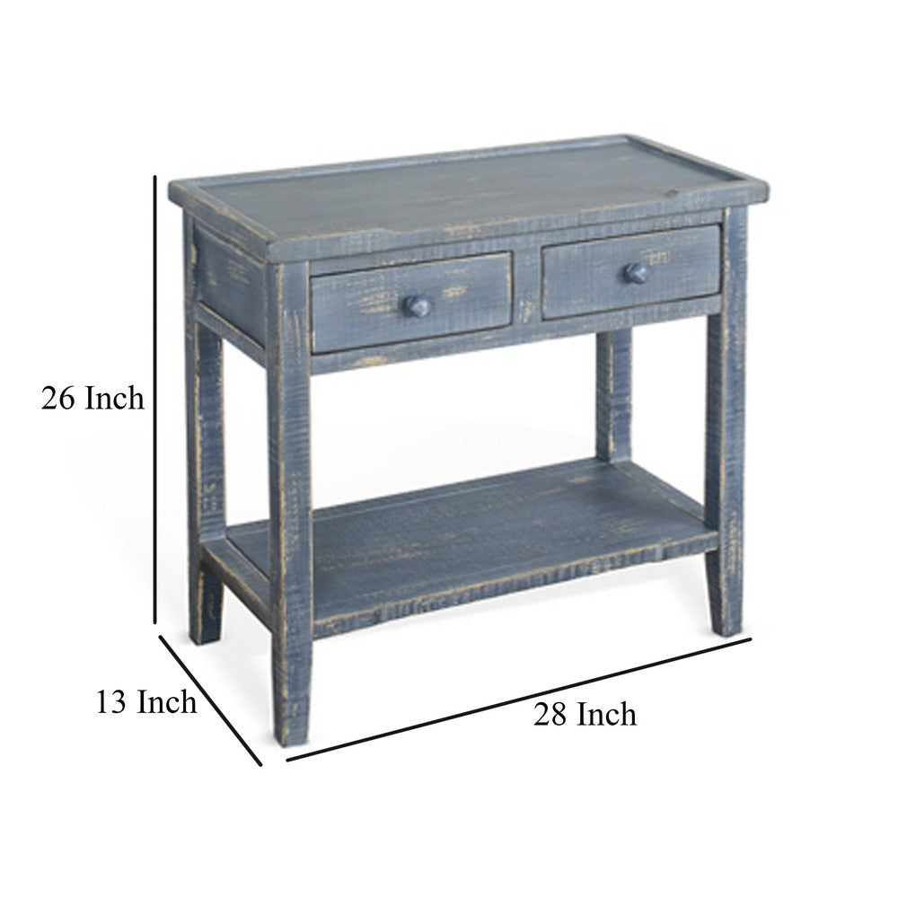 Rena Side End Table, 2 Drawers 1 Shelf, 28 Inch Rustic Blue Mahogany