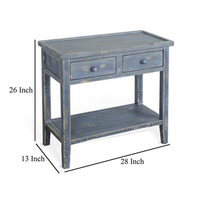 Rena Side End Table, 2 Drawers 1 Shelf, 28 Inch Rustic Blue Mahogany