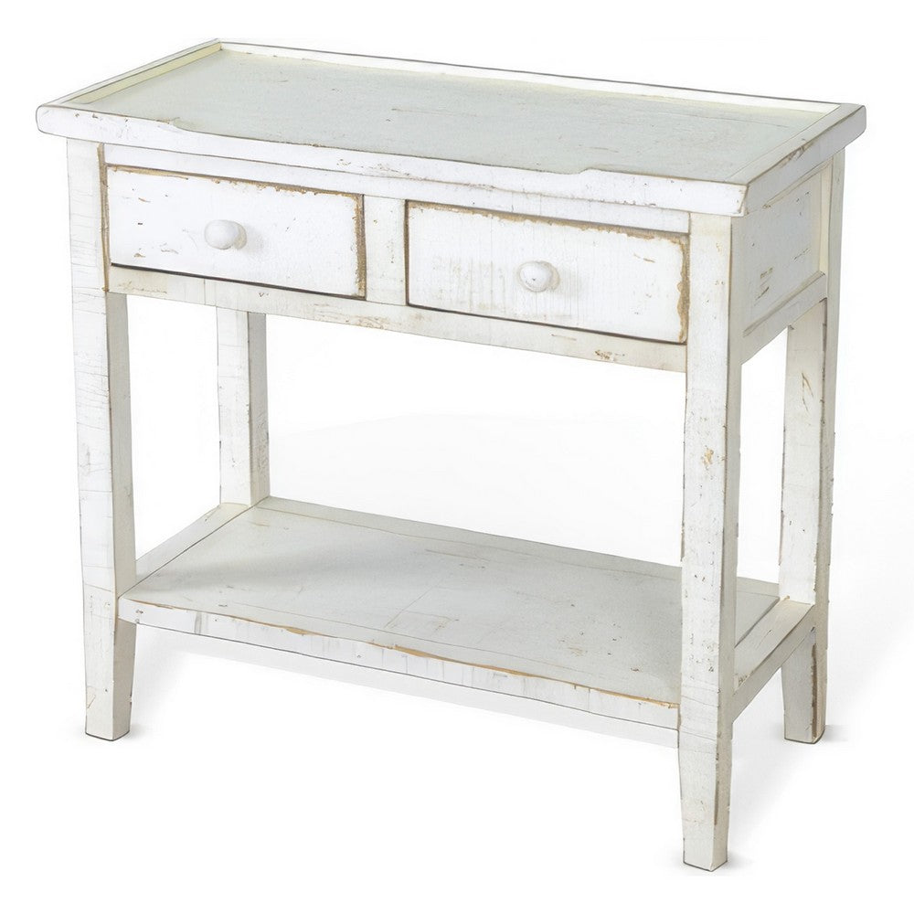 Rena Side End Table, 2 Drawers 1 Shelf, 28 Inch Rustic White Mahogany