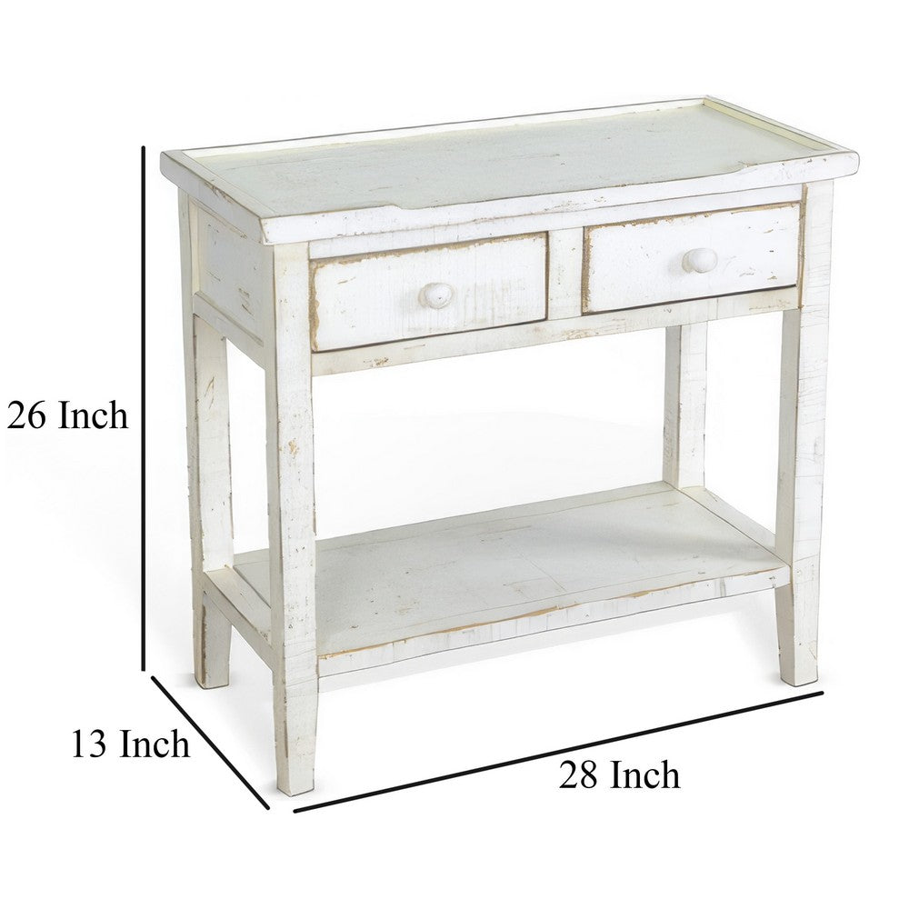 Rena Side End Table, 2 Drawers 1 Shelf, 28 Inch Rustic White Mahogany
