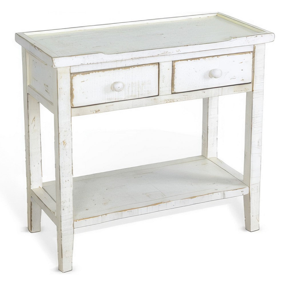 Rena Side End Table, 2 Drawers 1 Shelf, 28 Inch Rustic White Mahogany