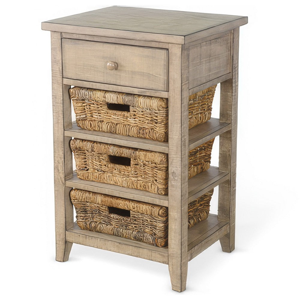 Rena End Table, 3 Natural Rattan Storage Baskets, 20 Inch Brown Wood