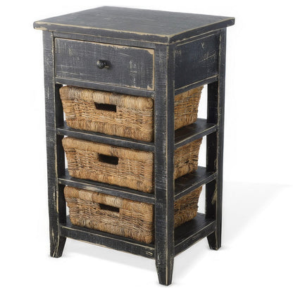 Rena End Table, 3 Natural Rattan Storage Baskets, 20 Inch Black Wood