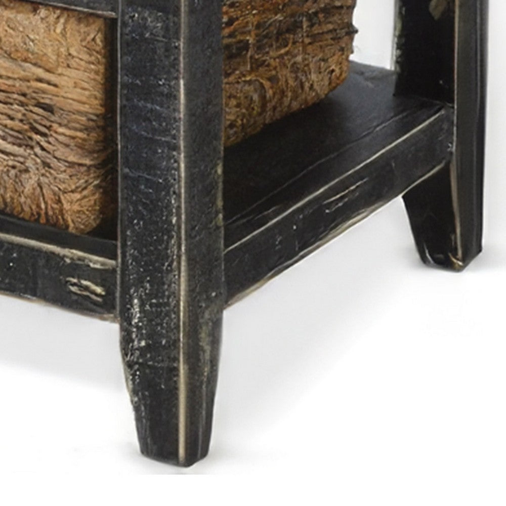 Rena End Table, 3 Natural Rattan Storage Baskets, 20 Inch Black Wood
