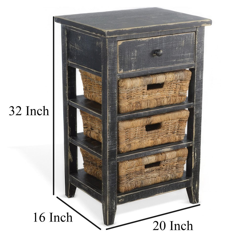 Rena End Table, 3 Natural Rattan Storage Baskets, 20 Inch Black Wood
