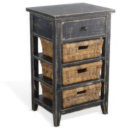 Rena End Table, 3 Natural Rattan Storage Baskets, 20 Inch Black Wood