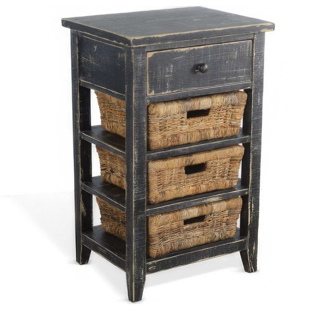Rena End Table, 3 Natural Rattan Storage Baskets, 20 Inch Wood – Black