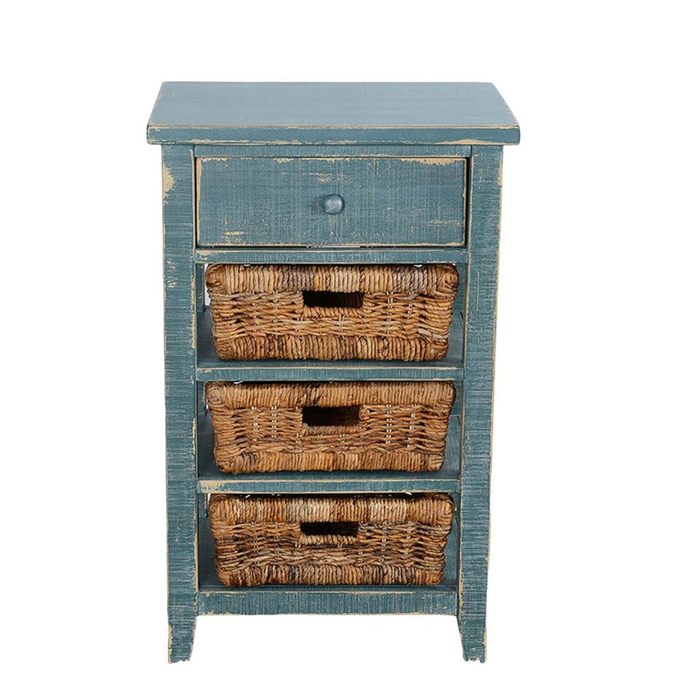Rena End Table, 3 Natural Rattan Storage Baskets, 20 Inch Green Wood