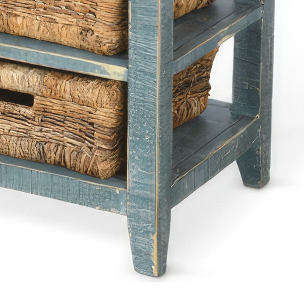 Rena End Table, 3 Natural Rattan Storage Baskets, 20 Inch Green Wood