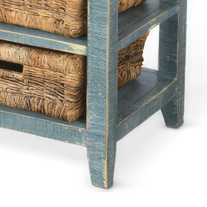 Rena End Table, 3 Natural Rattan Storage Baskets, 20 Inch Green Wood