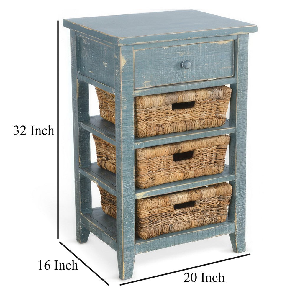 Rena End Table, 3 Natural Rattan Storage Baskets, 20 Inch Green Wood