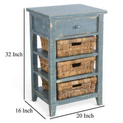 Rena End Table, 3 Natural Rattan Storage Baskets, 20 Inch Green Wood