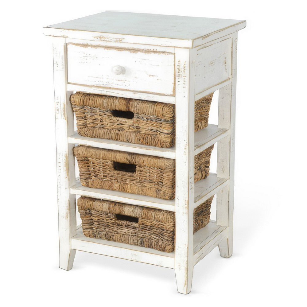 Rena End Table, 3 Natural Rattan Storage Baskets, 20 Inch White Wood