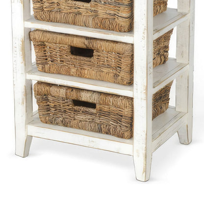 Rena End Table, 3 Natural Rattan Storage Baskets, 20 Inch White Wood
