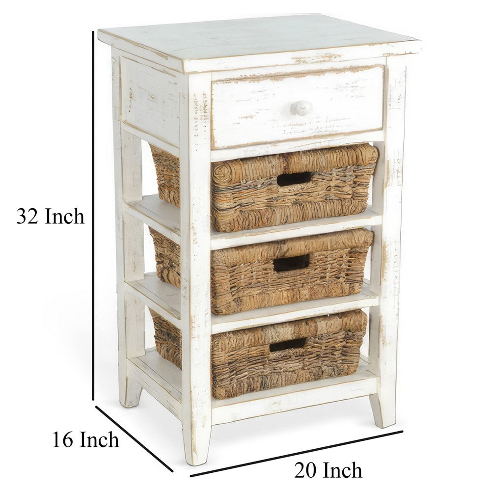 Rena End Table, 3 Natural Rattan Storage Baskets, 20 Inch White Wood