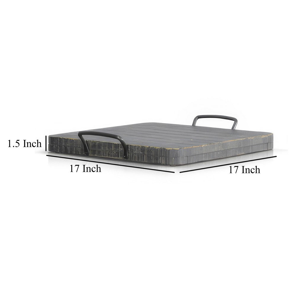 Rena Ottoman Tray with Metal Handles, 17 Inch Black Sand Mahogany Wood