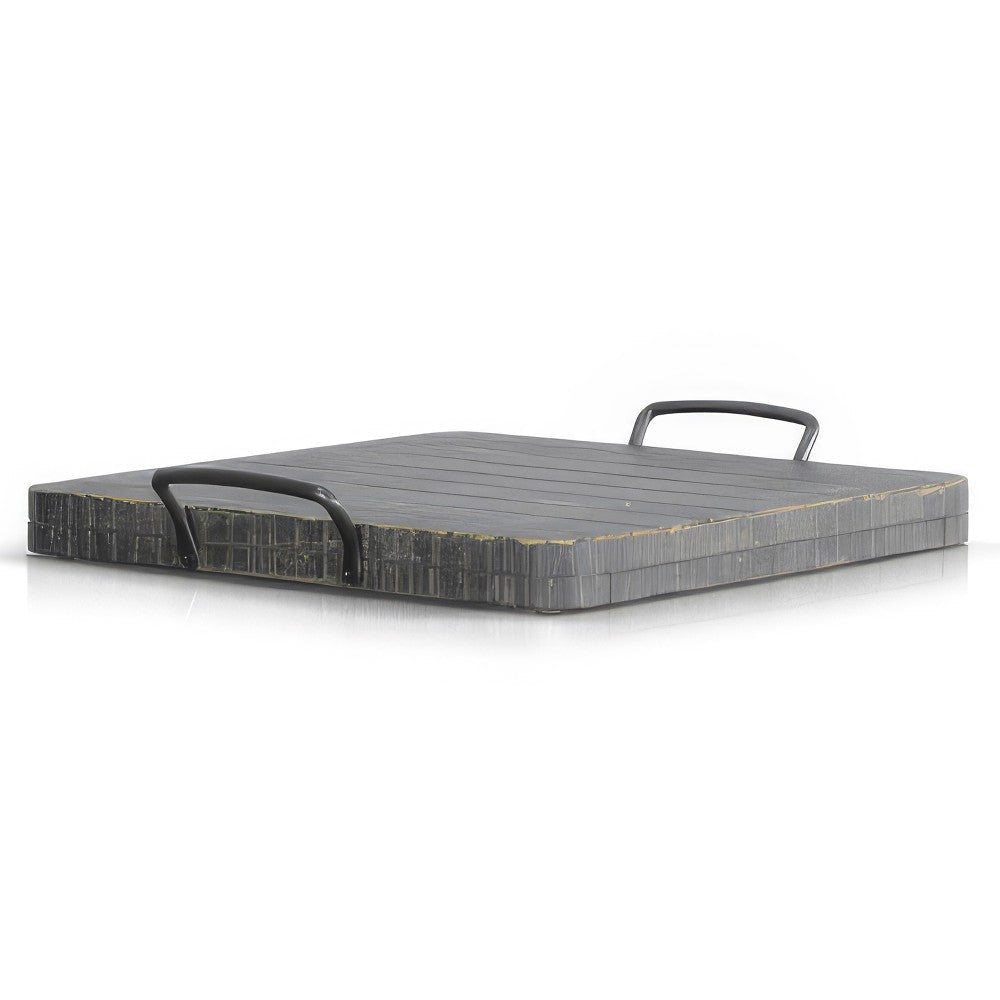 Rena Ottoman Tray with Metal Handles, 17 Inch Black Sand Mahogany Wood