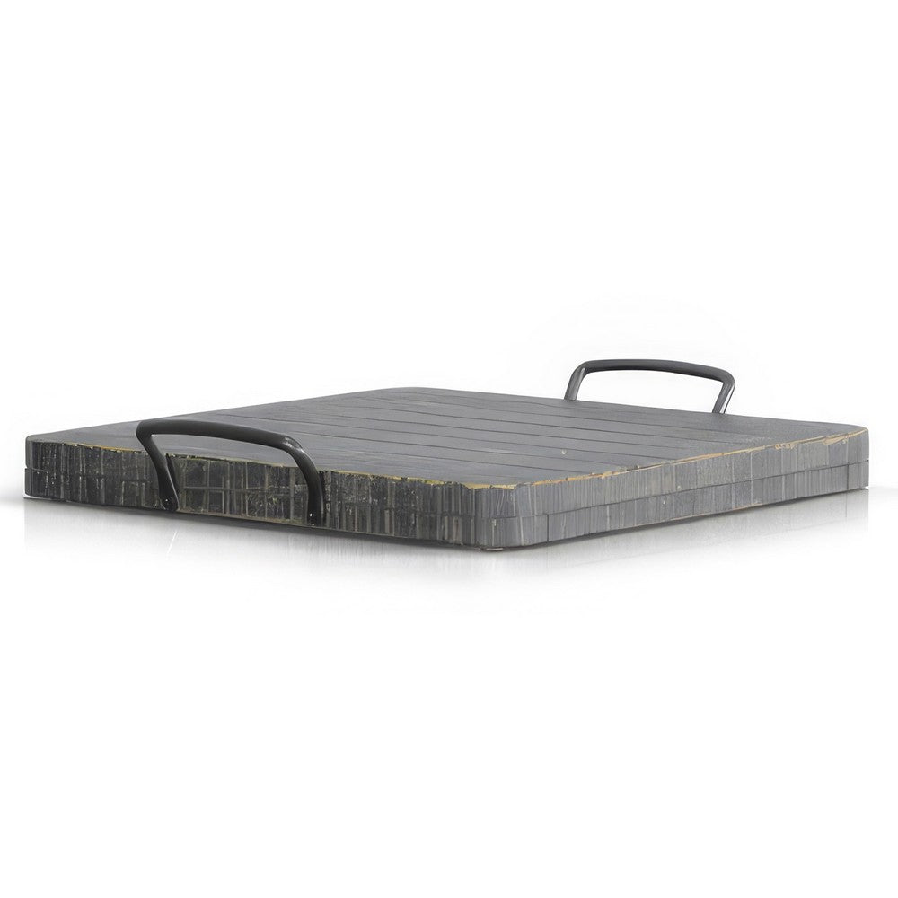 Rena Ottoman Tray with Metal Handles, 17 Inch Black Sand Mahogany Wood