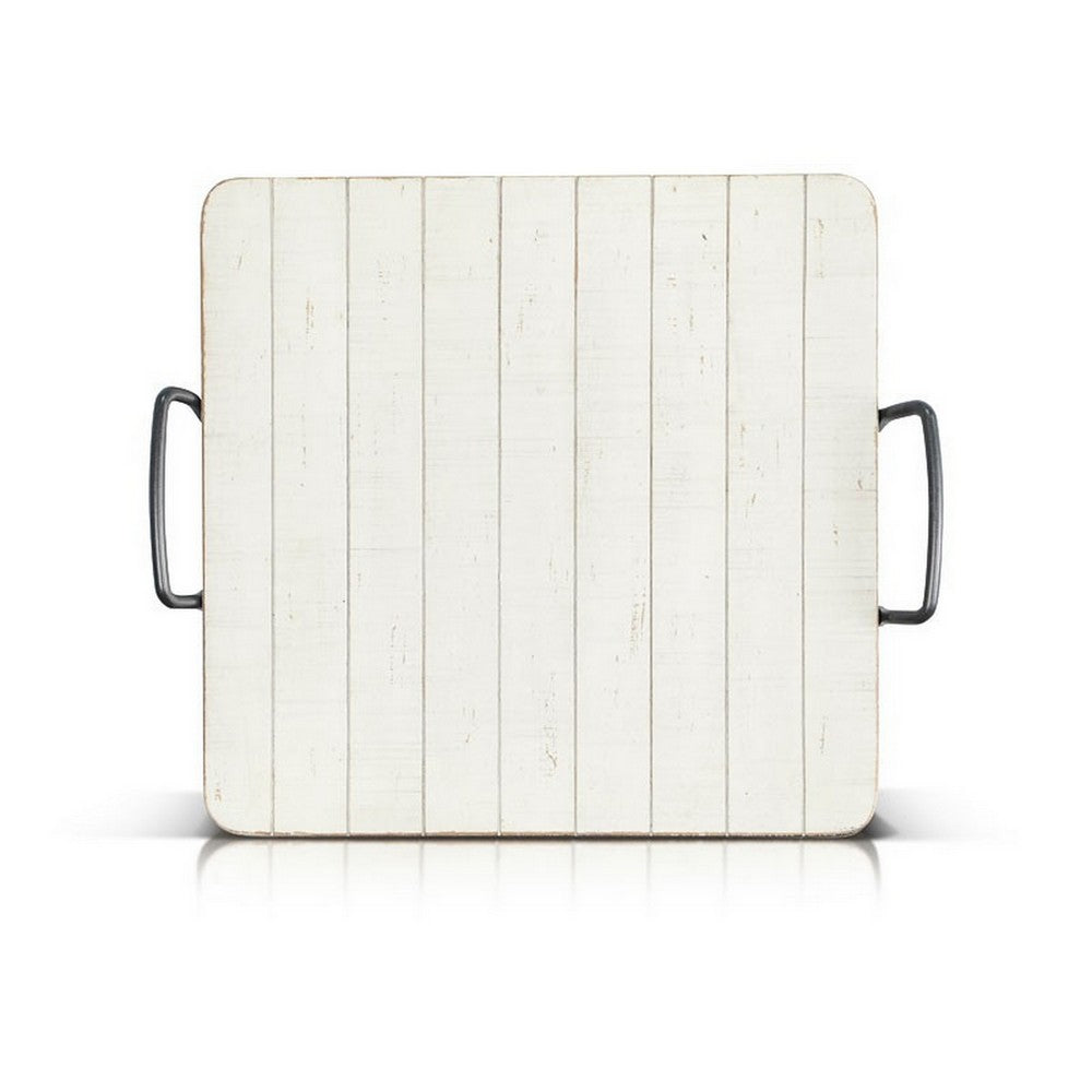 Rena Ottoman Tray, Metal Handles, 17 Inch Distressed White Mahogany