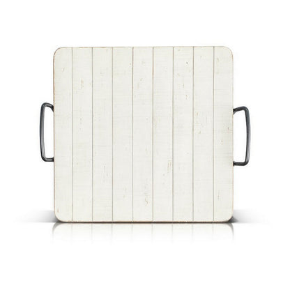 Rena Ottoman Tray, Metal Handles, 17 Inch Distressed White Mahogany