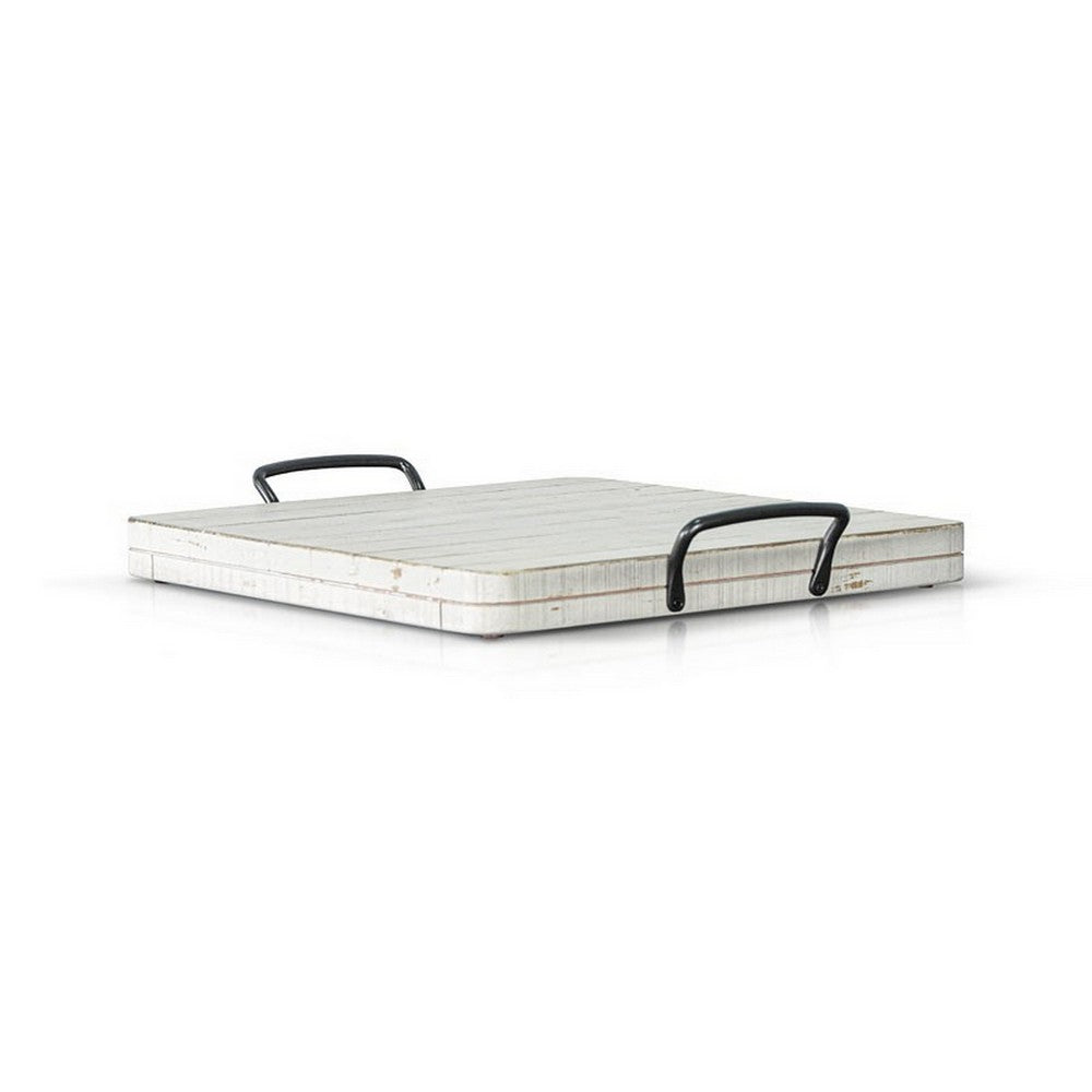 Rena Ottoman Tray, Metal Handles, 17 Inch Distressed White Mahogany