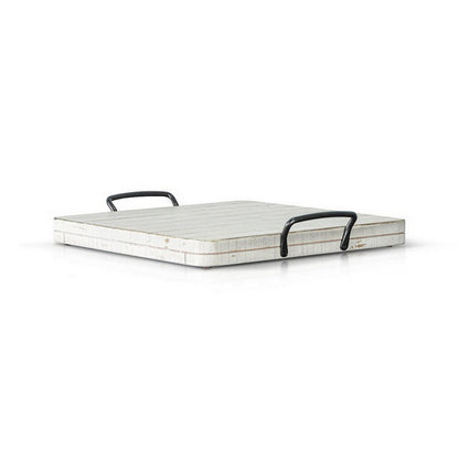 Rena Ottoman Tray, Metal Handles, 17 Inch Distressed White Mahogany