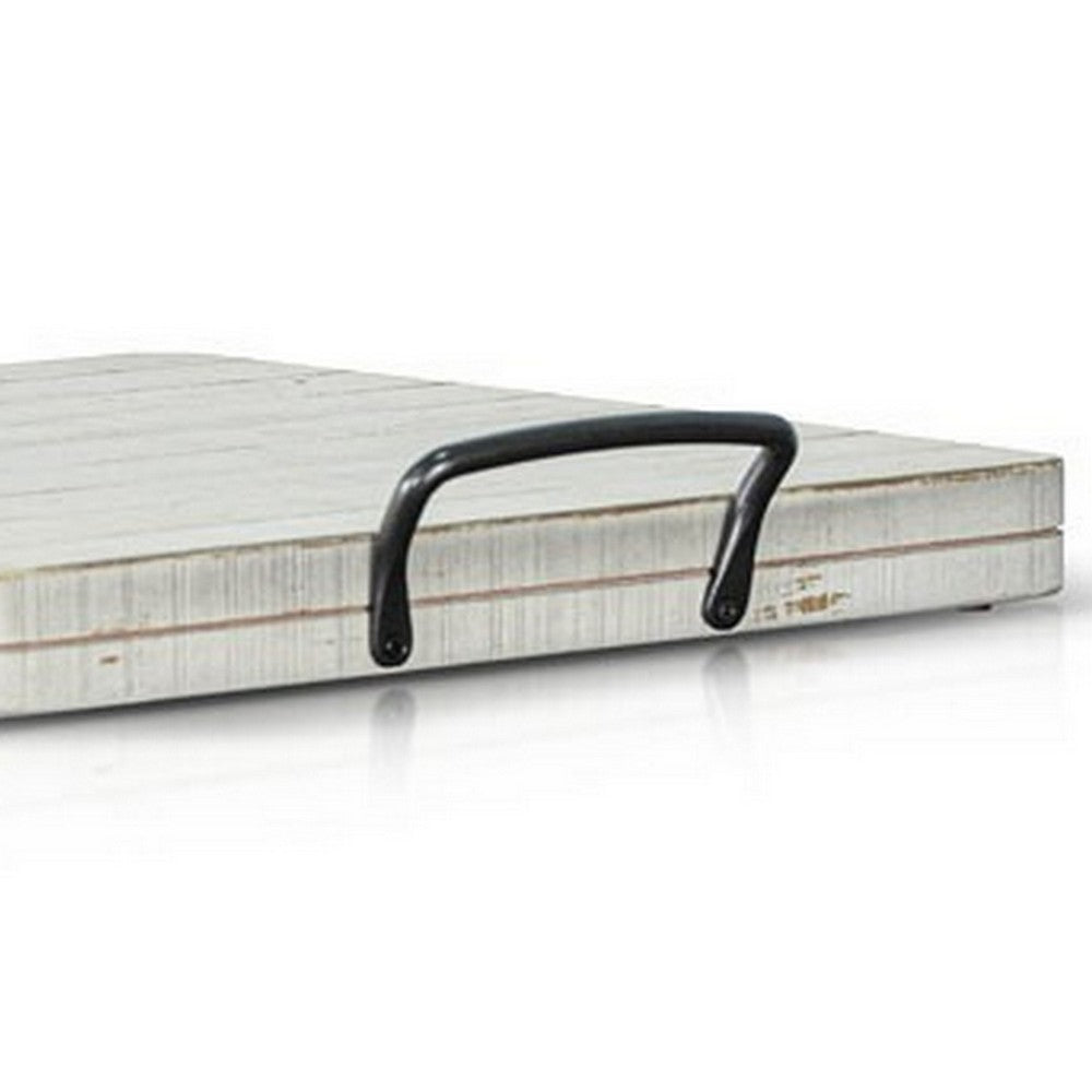 Rena Ottoman Tray, Metal Handles, 17 Inch Distressed White Mahogany