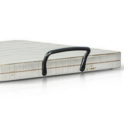 Rena Ottoman Tray, Metal Handles, 17 Inch Distressed White Mahogany