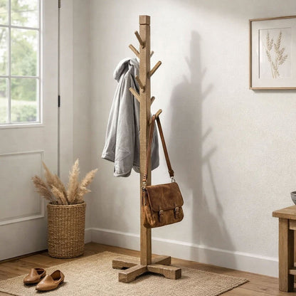 Rena Coat, Hat Tree Stand, 8 Wood Stems, 72 Inch Light Brown Mahogany