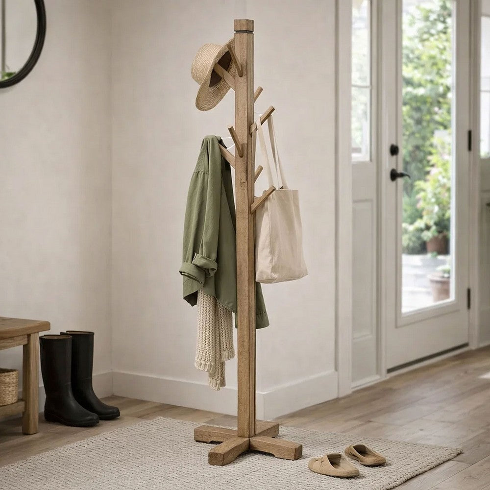 Rena Coat, Hat Tree Stand, 8 Wood Stems, 72 Inch Light Brown Mahogany