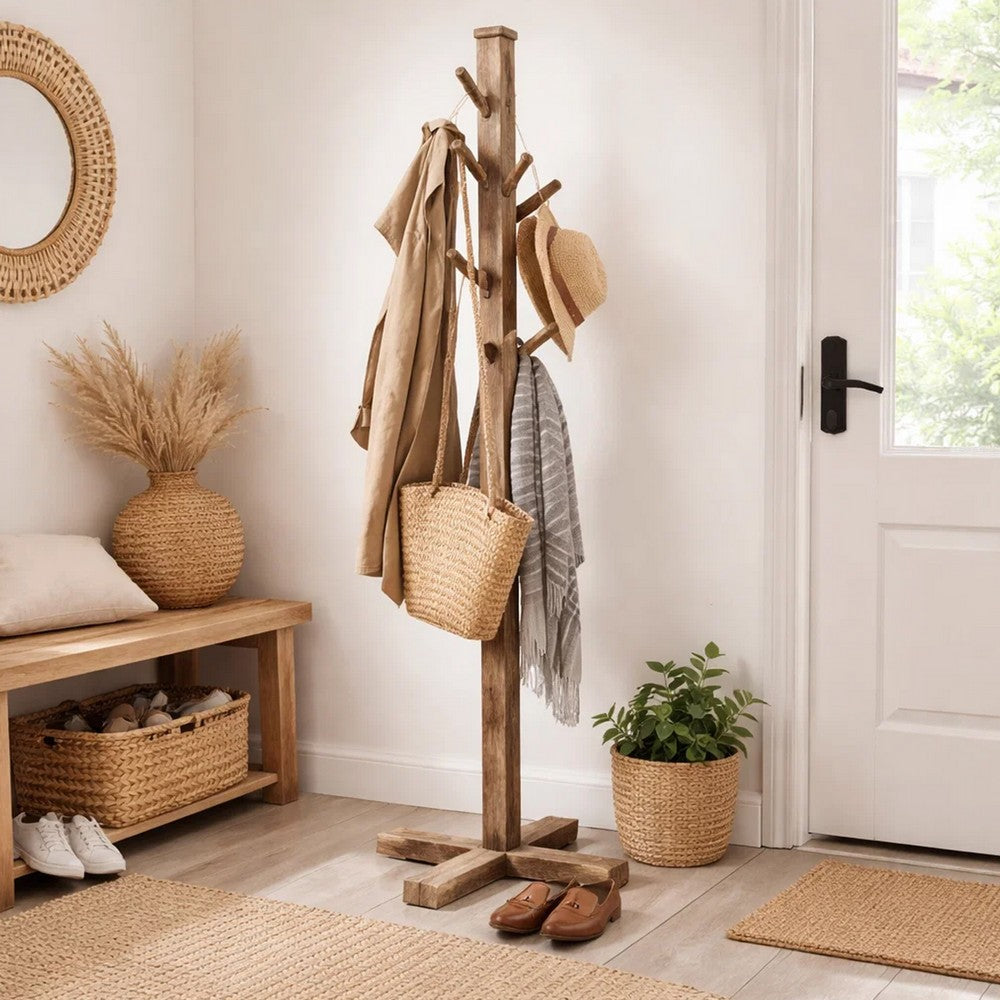 Rena Coat, Hat Tree Stand, 8 Wood Stems, 72 Inch Light Brown Mahogany