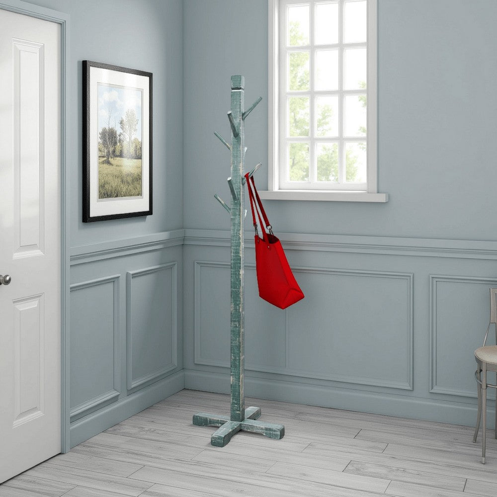 Rena Coat, Hat Rack Stand, 8 Wood Stems, 72 Inch Rustic Green Mahogany