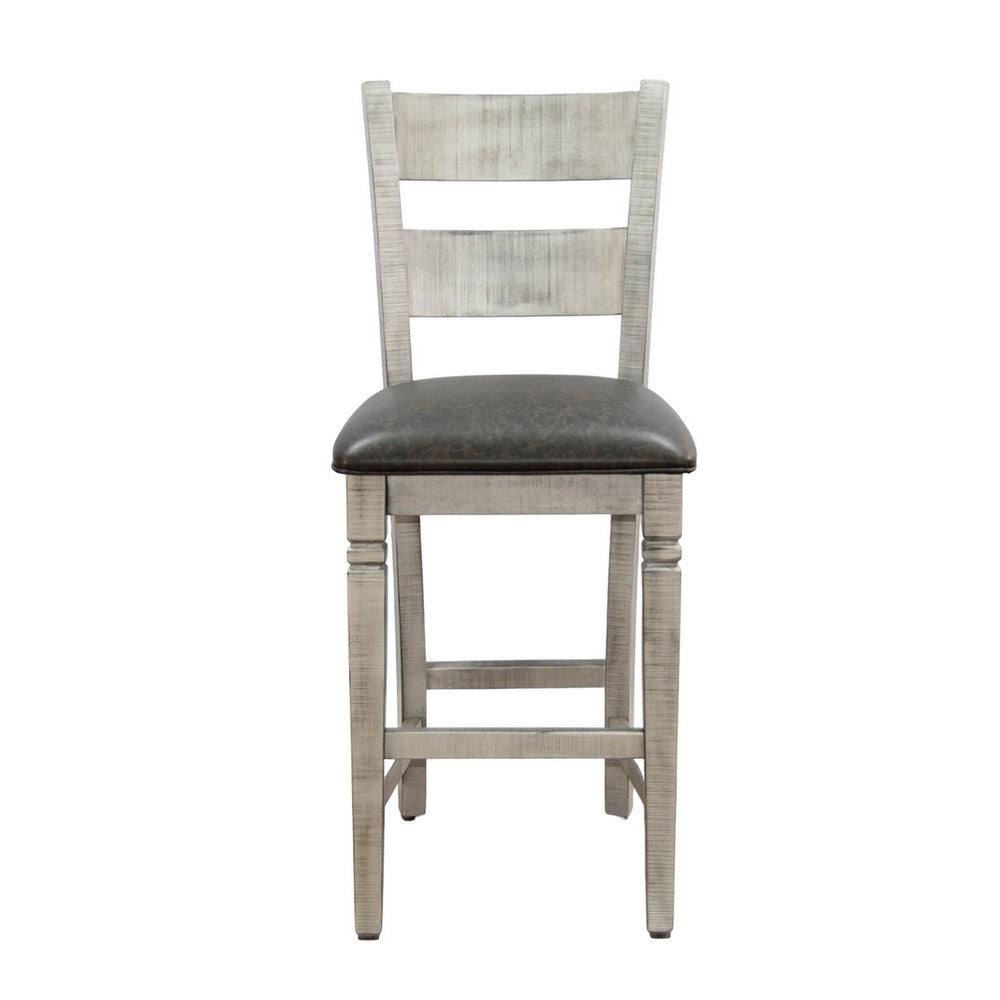 Zeka Barstool Chair Set of 2, Black Faux Leather, Gray Wood Ladderback