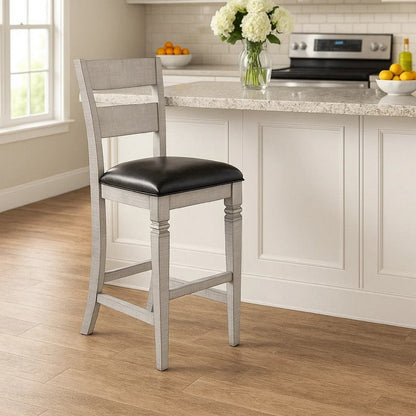 Zeka Barstool Chair Set of 2, Black Faux Leather, Gray Wood Ladderback